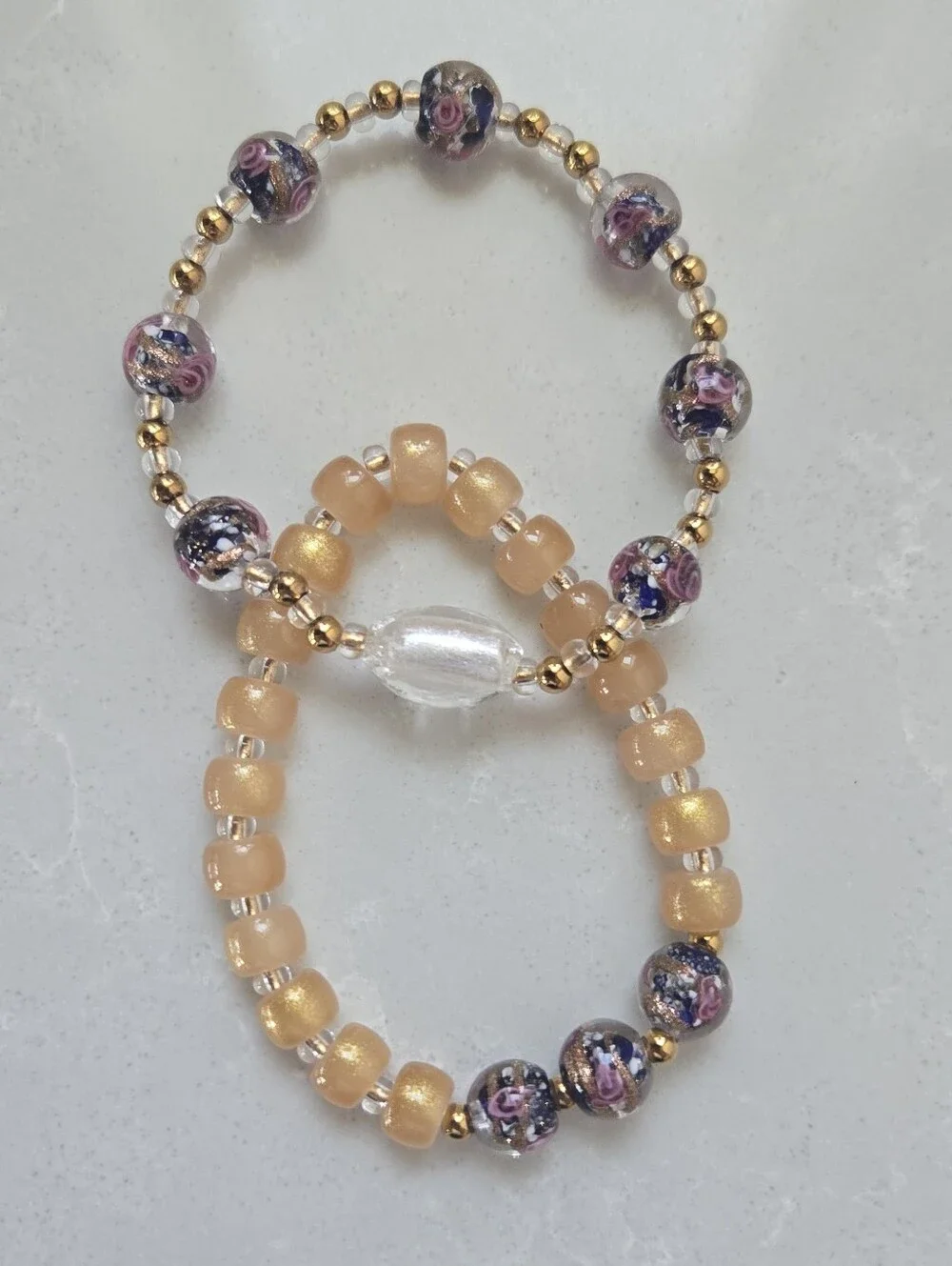 Handmade Vintage Glass Floral And Gold Beaded Stretch Bracelet Set